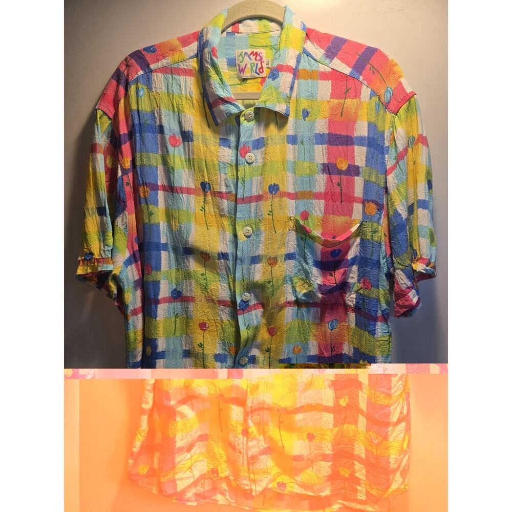 Vintage Jams World Shirt Mens Large Multicolor Floral Hawaiian Rayon USA *flaw